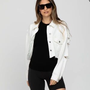 White Cropped Raw Hem Jean Jacket